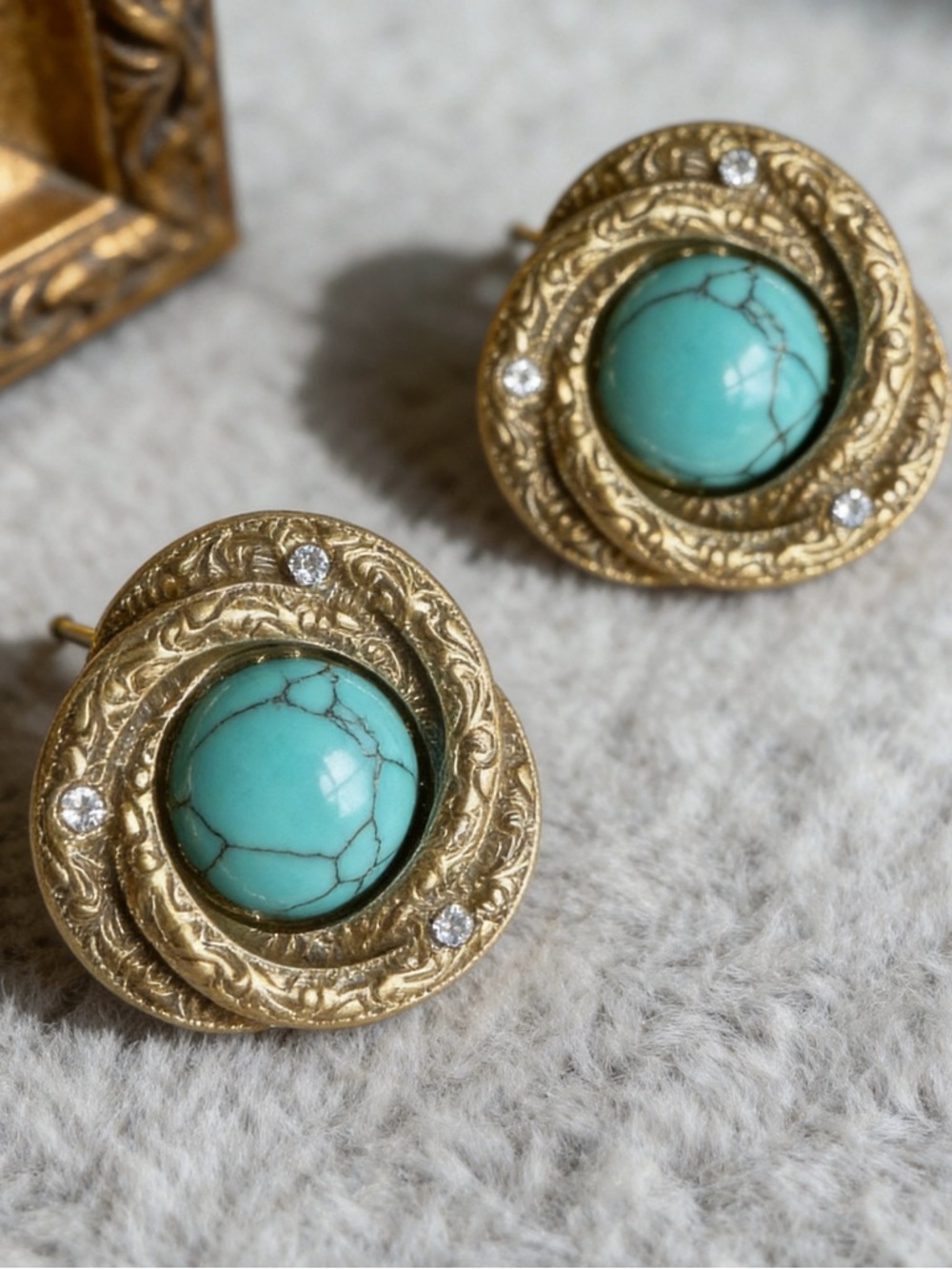 Gold Turquoise Stud Earrings Ornate Statement